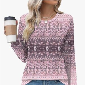 Women's Pink Patterned Long Sleeve Jersey Top